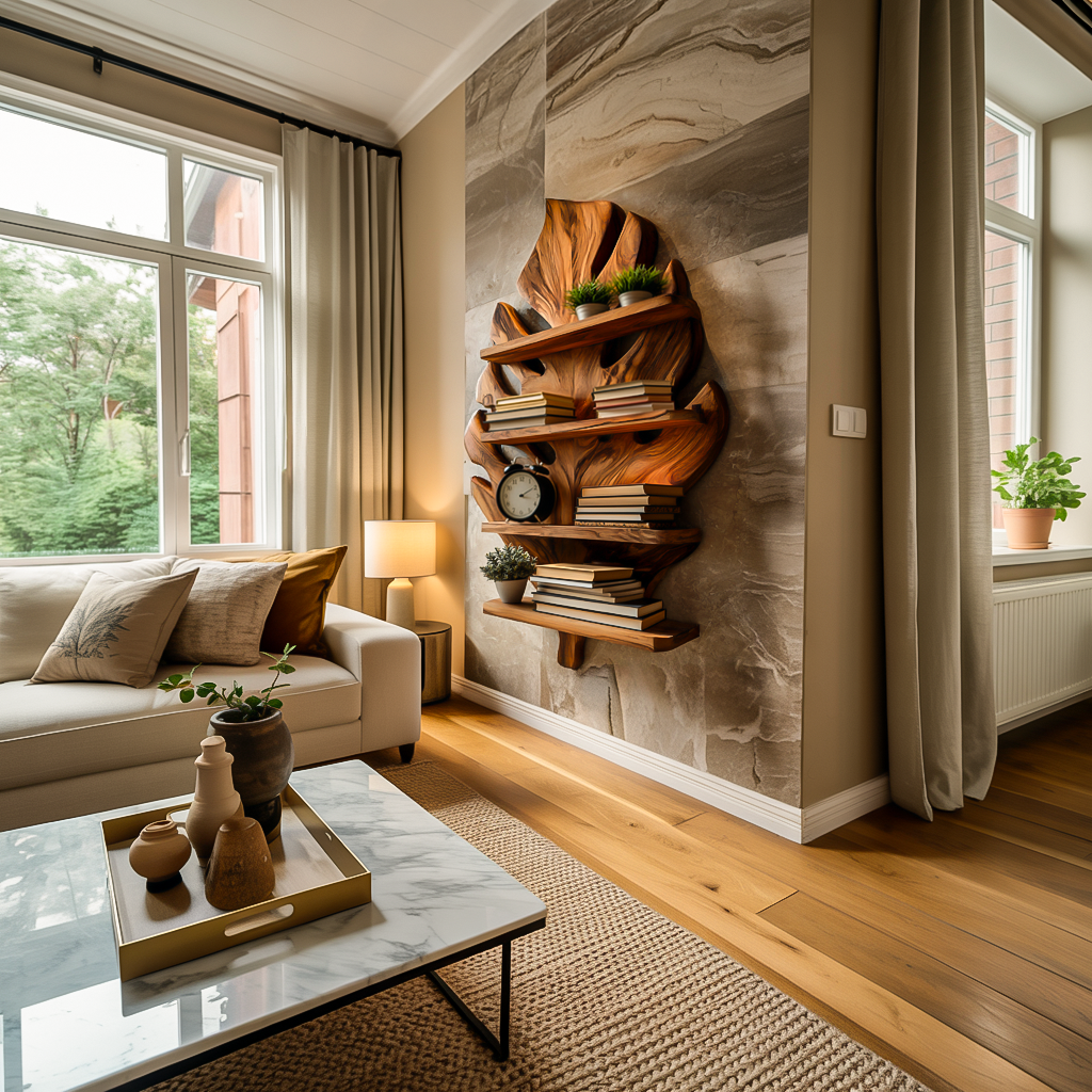 Wooden Tropical Leaf Wall Bookshelf For Living Room