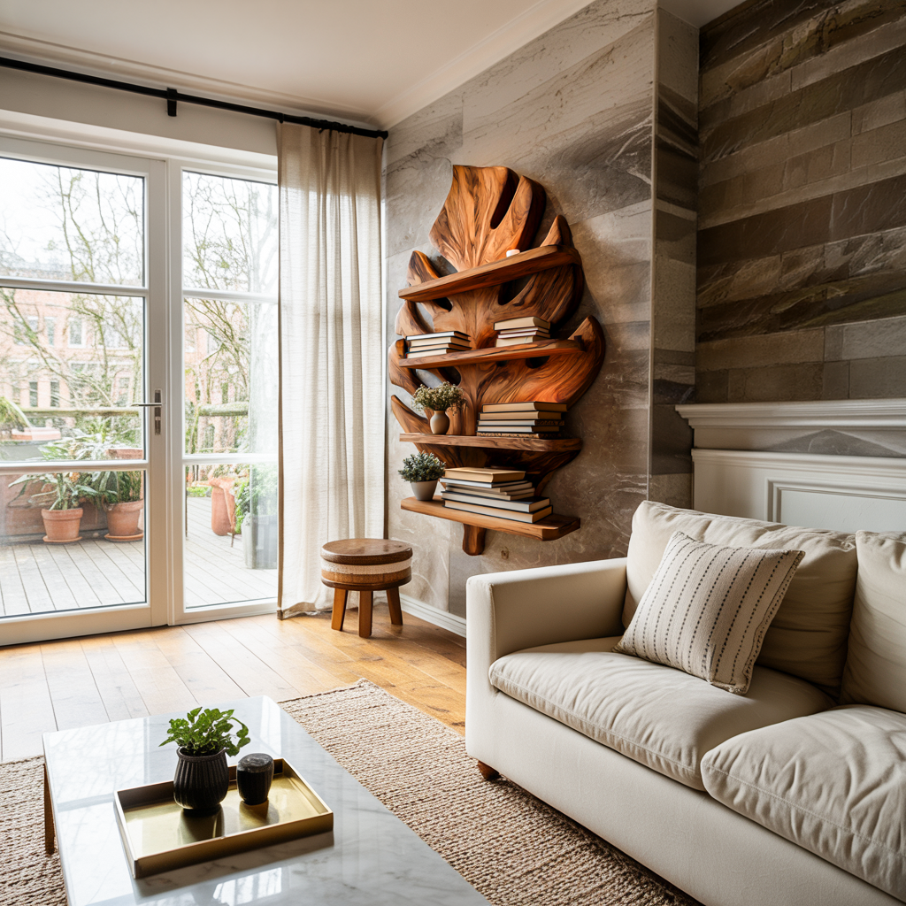Wooden Tropical Leaf Wall Bookshelf For Living Room