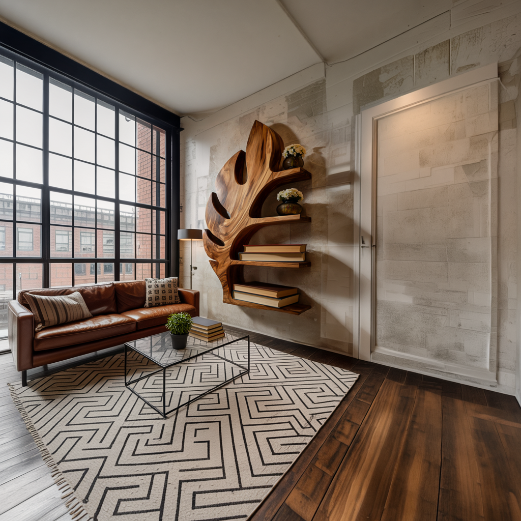 Wood Tropical Botanical Floating Bookshelf For Living Room Accent Wall
