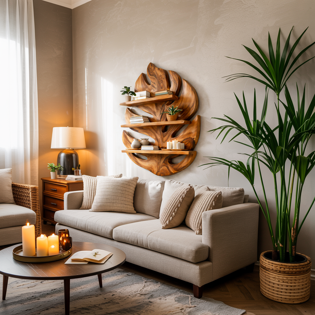 Monstera Leaf Wooden Bookshelf For Living Wall Decor