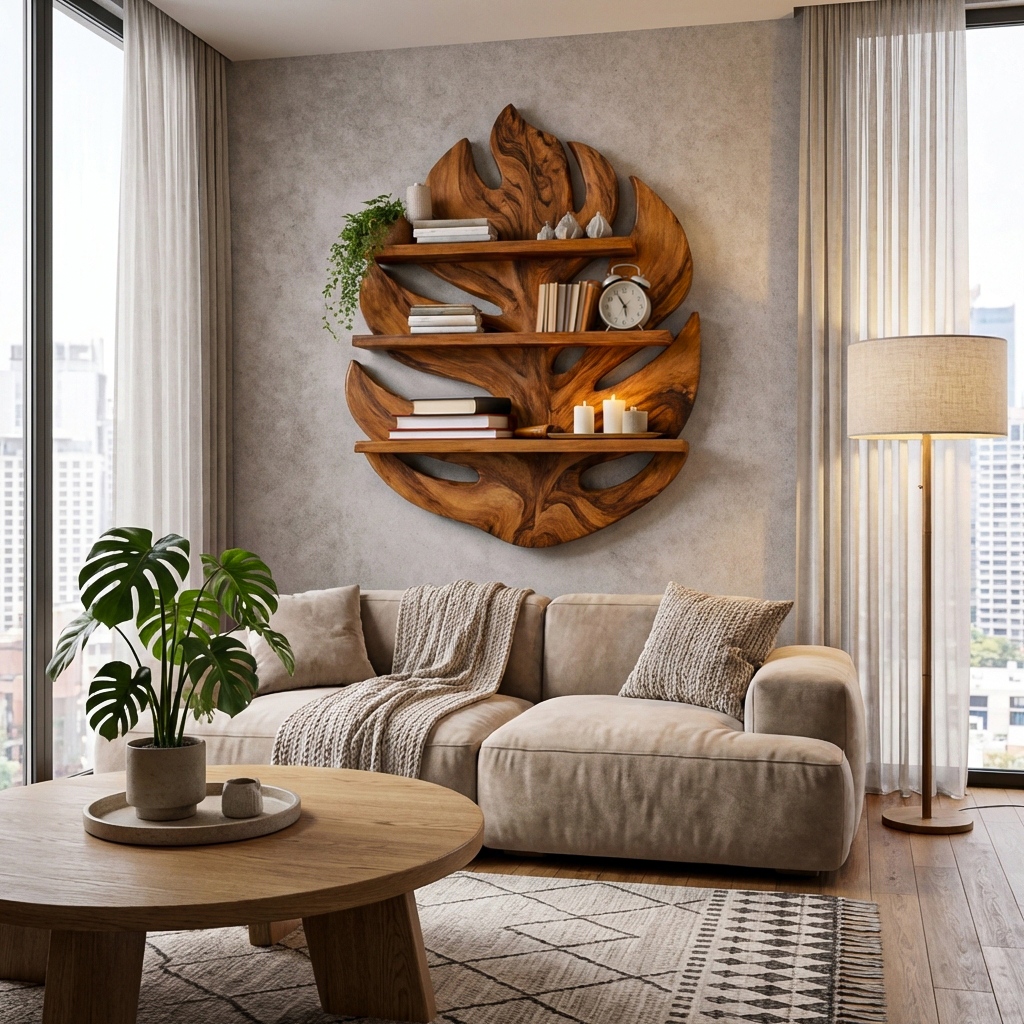 Monstera Leaf Wooden Bookshelf For Living Wall Decor