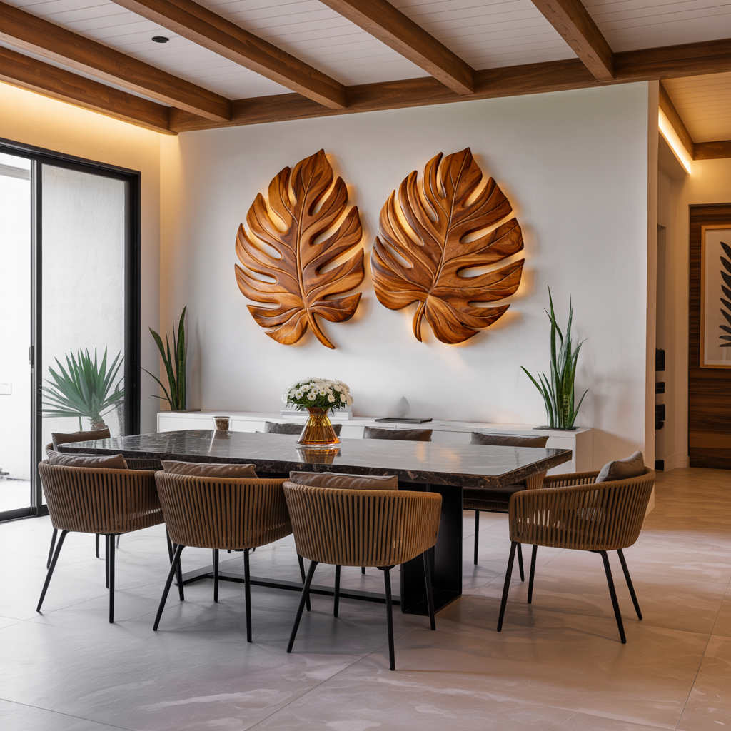 Organic Wooden Palm Leaf Wall Art For Scandinavian Interior