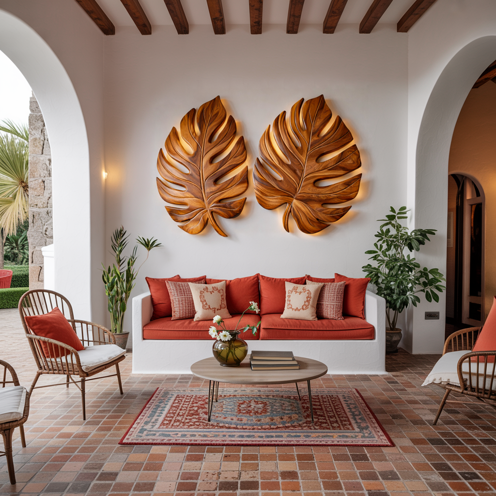 Organic Wooden Palm Leaf Wall Art For Scandinavian Interior
