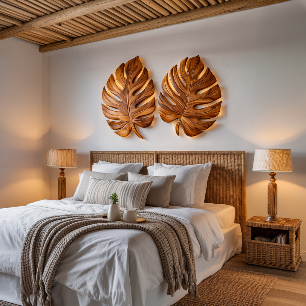 Organic Wooden Palm Leaf Wall Art For Scandinavian Interior
