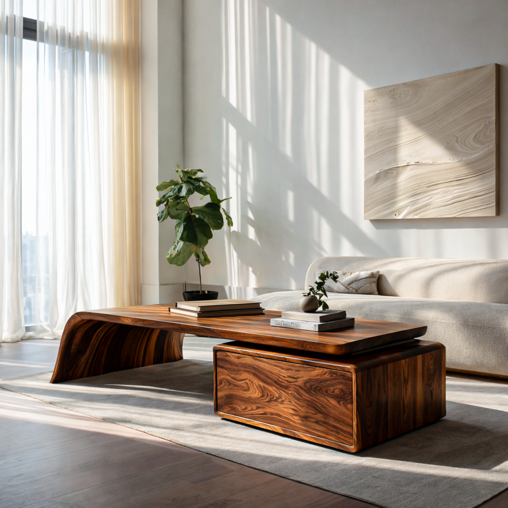 Artistic Wood Coffee Table With Drawers For Living Room