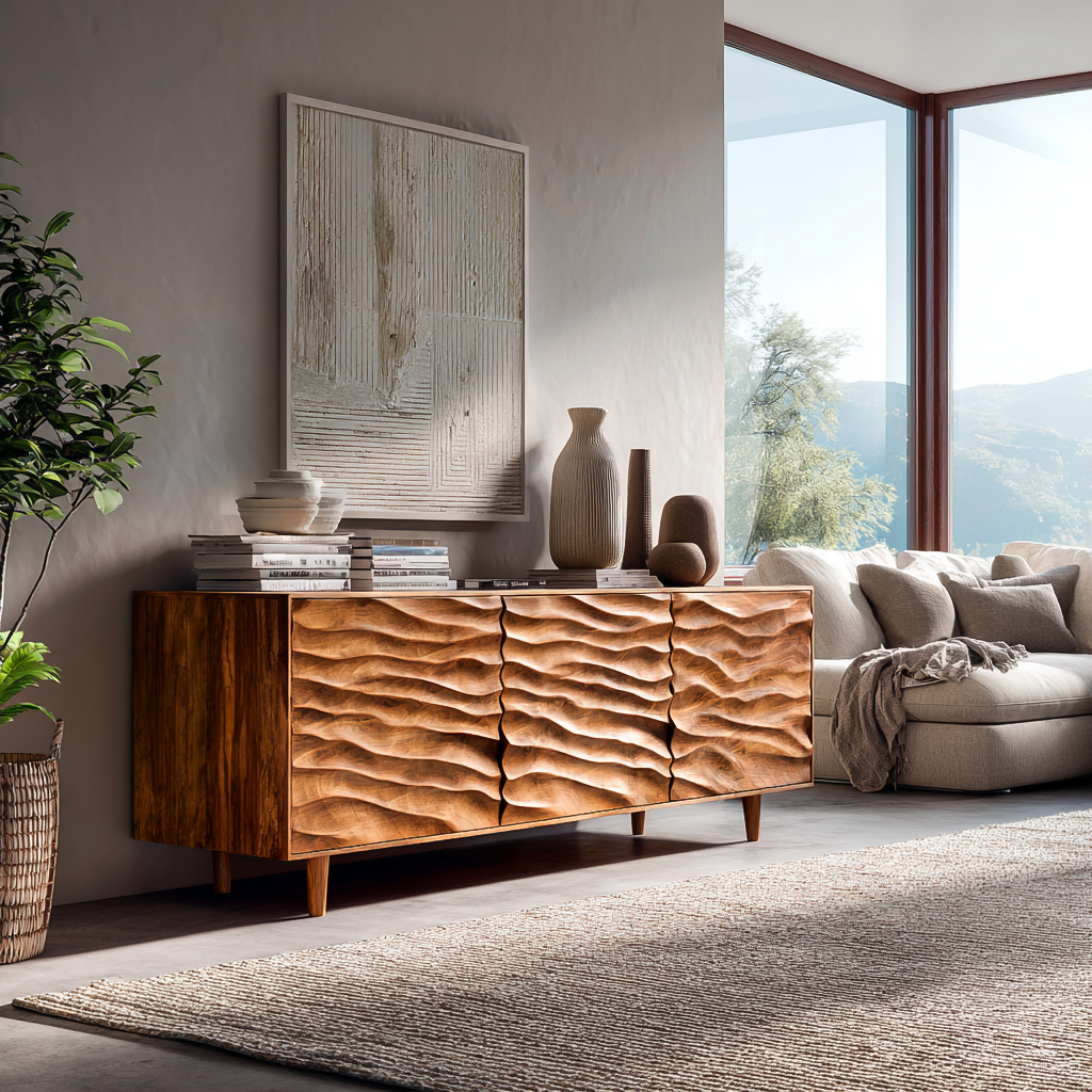 Modern Wooden Sideboard With Carved Wave Doors For Contemporary Living