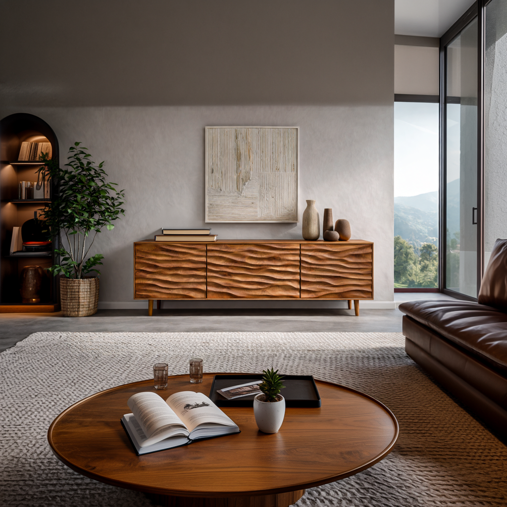 Modern Wooden Sideboard With Carved Wave Doors For Contemporary Living