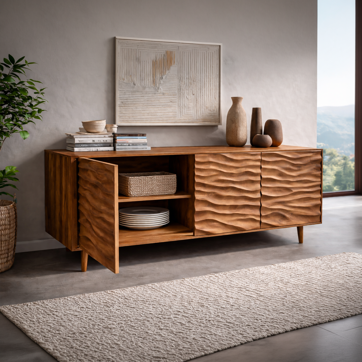 Modern Wooden Sideboard With Carved Wave Doors For Contemporary Living