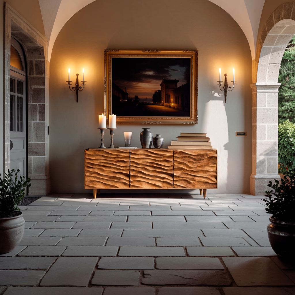 Modern Wooden Sideboard With Carved Wave Doors For Contemporary Living