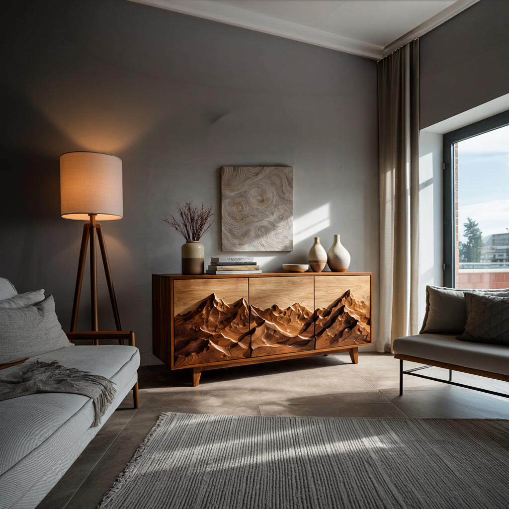 Modern Wood Sideboard With Mountain Relief For Home Interior