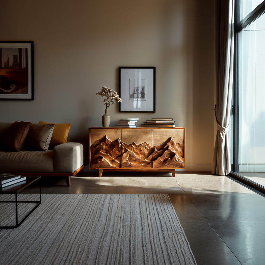 Modern Wood Sideboard With Mountain Relief For Home Interior