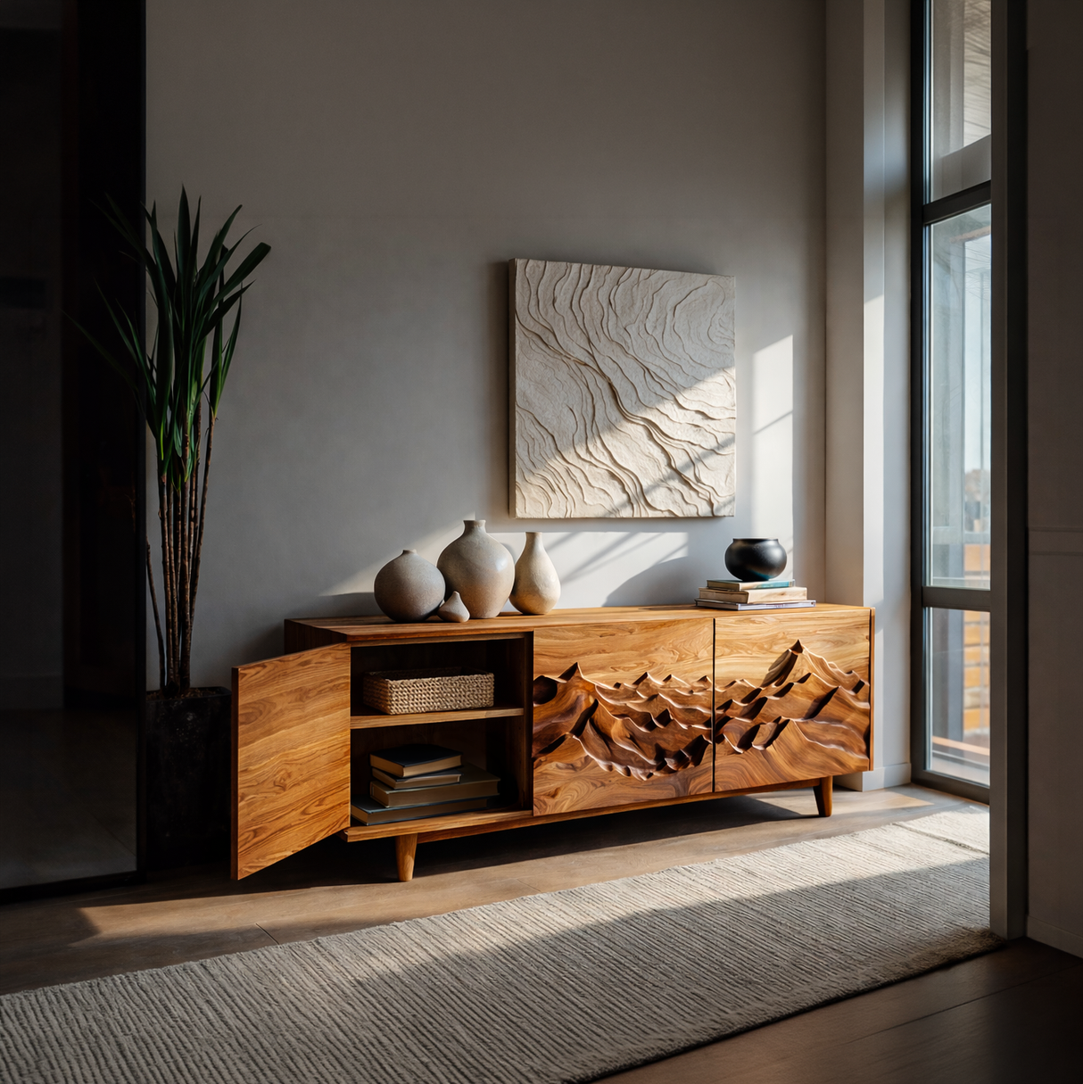 Modern Sideboard With Layered Mountain Carving For Living Room