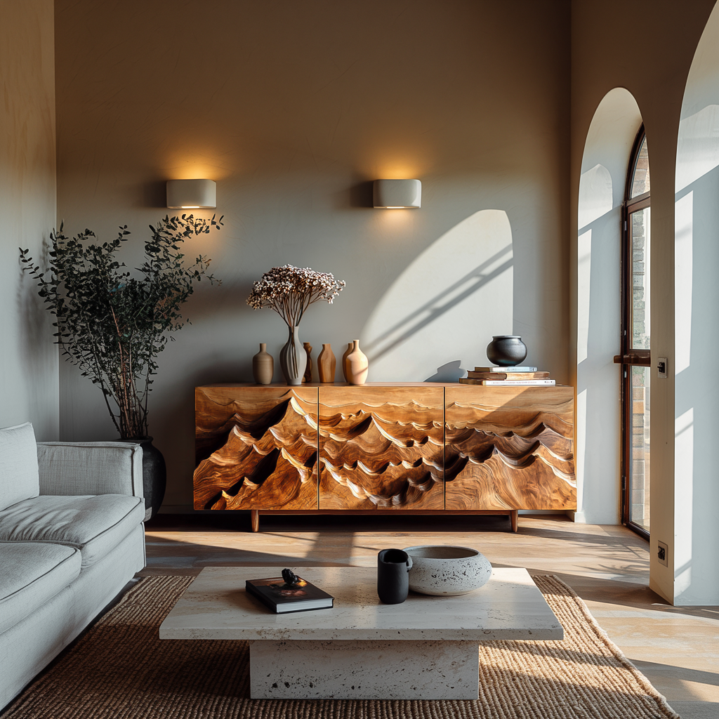 Modern Sideboard With Layered Mountain Carving For Living Room