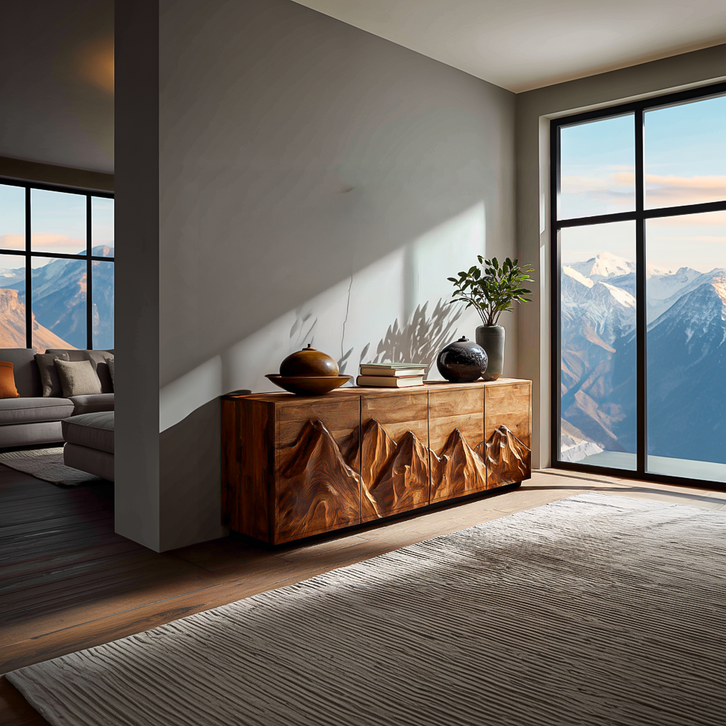 Modern Wooden Sideboard With Mountain Landscape Doors For Interior