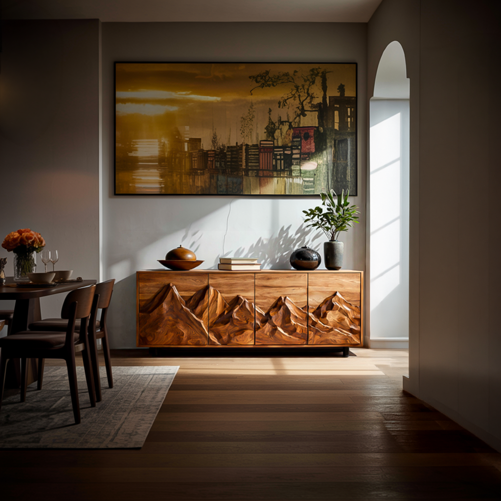 Modern Wooden Sideboard With Mountain Landscape Doors For Interior