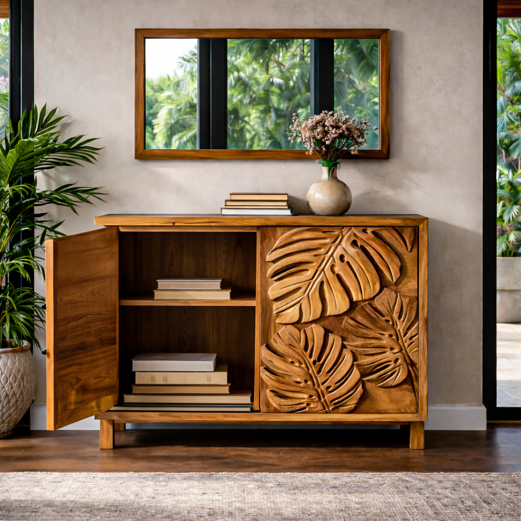 Modern Wooden Sideboard With Leaf Carved Doors For Home