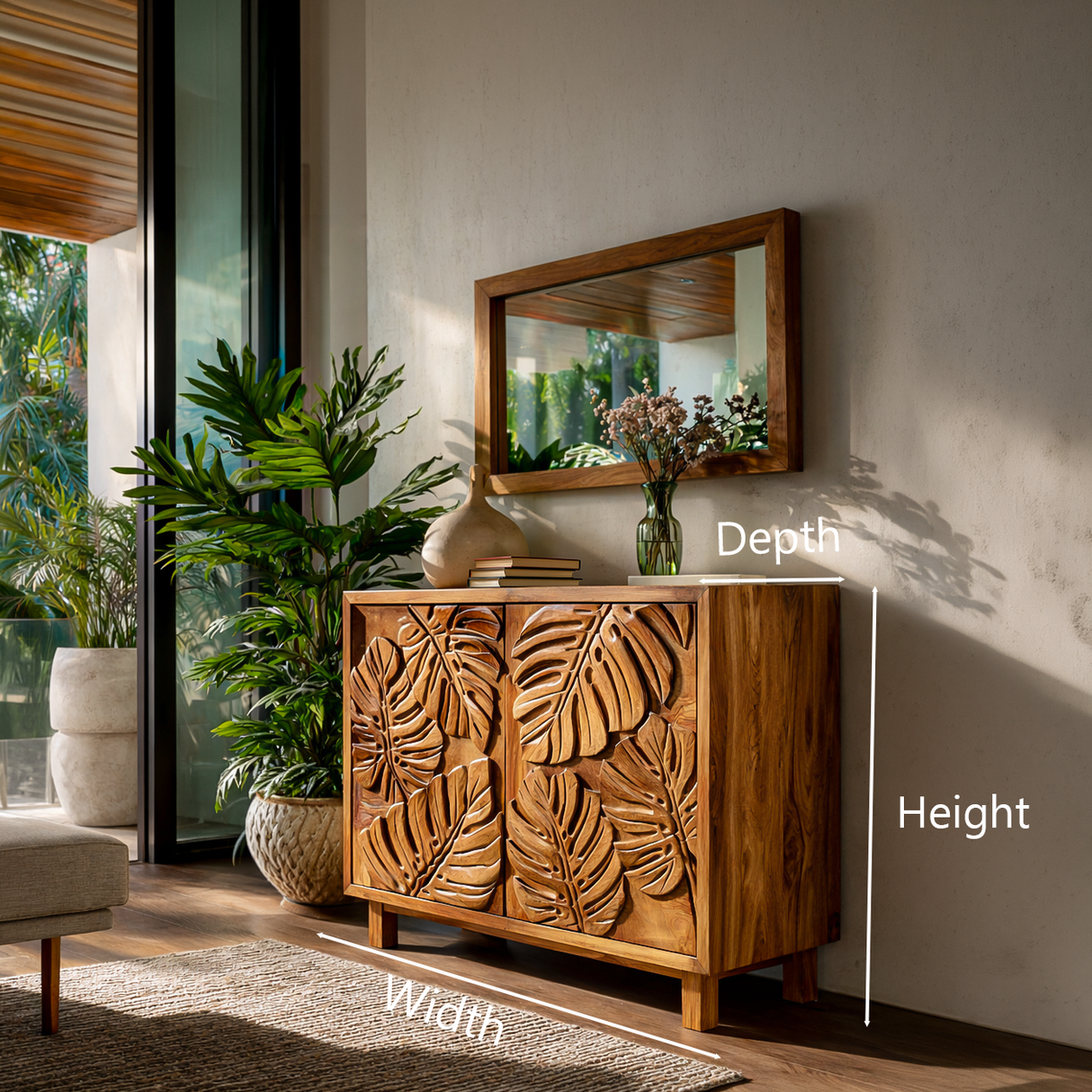 Modern Wooden Sideboard With Leaf Carved Doors For Home
