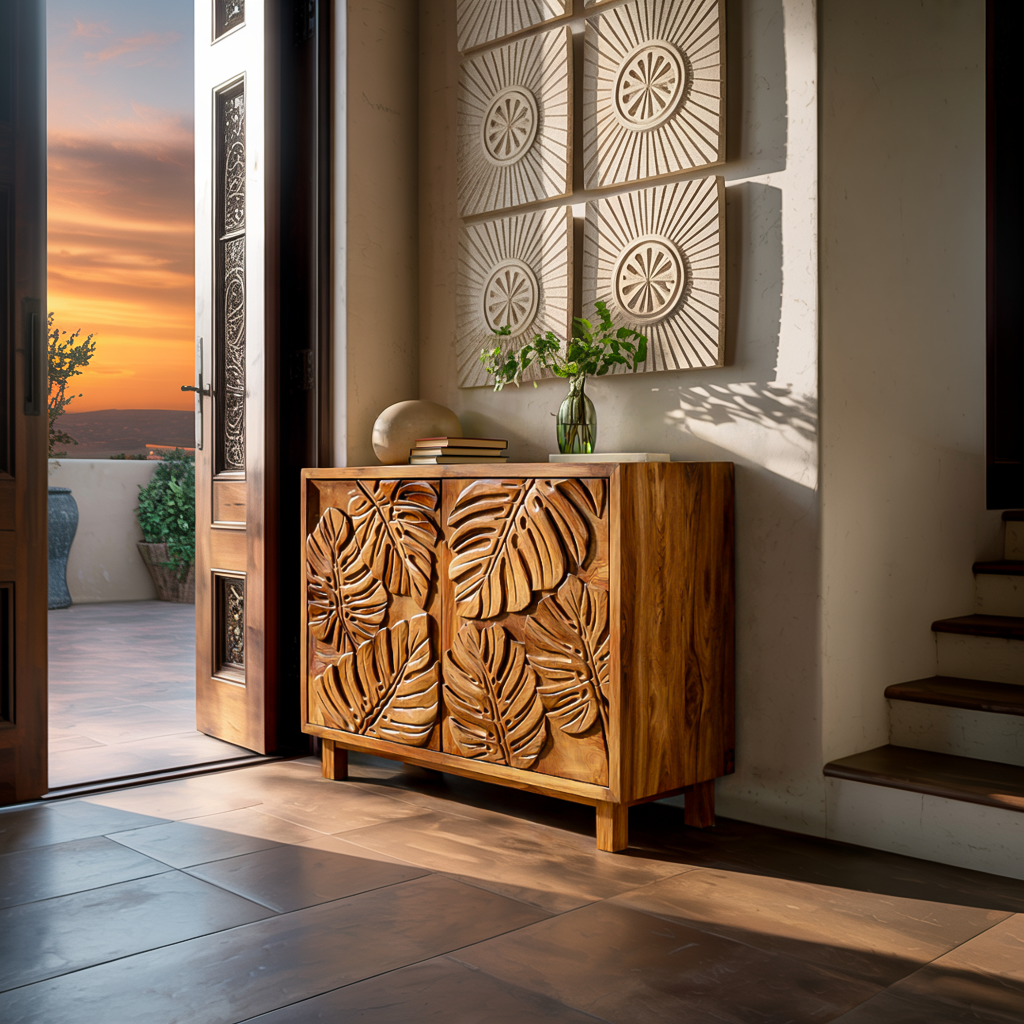 Modern Wooden Sideboard With Leaf Carved Doors For Home