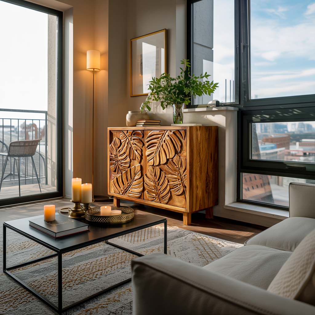 Modern Wooden Sideboard With Leaf Carved Doors For Home
