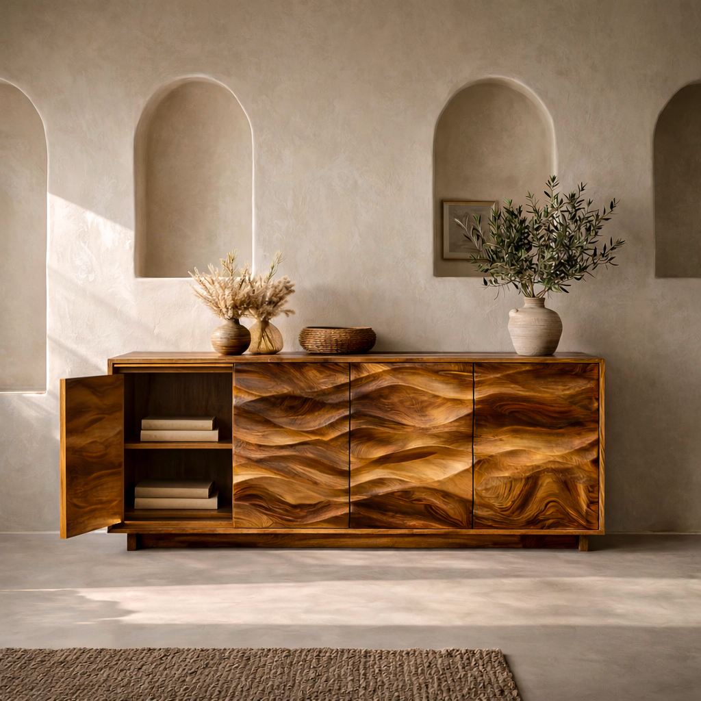 Minimalist Wooden Wave Carved Sideboard For Home