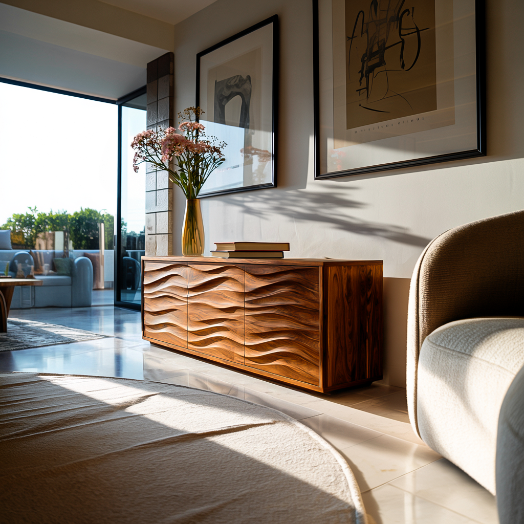 Modern Wood Sideboard With Wave Doors For Home Decor