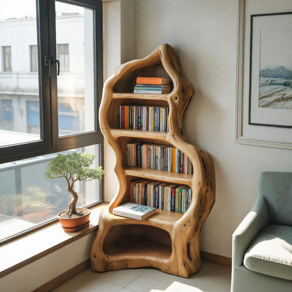 Organic Live Edge Bookshelf For Rustic Living Room Or Office