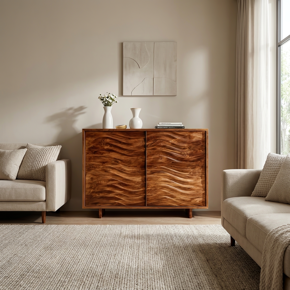 Modern Wooden Sideboard With Flowing Wave Doors For Living