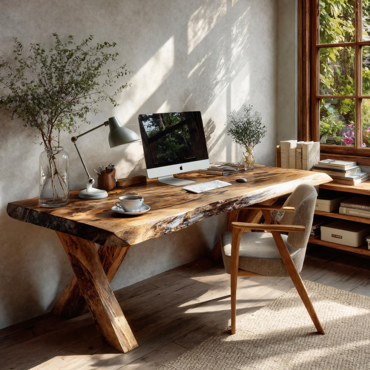 Rustic Live Edge Desk With X Legs For Home Office