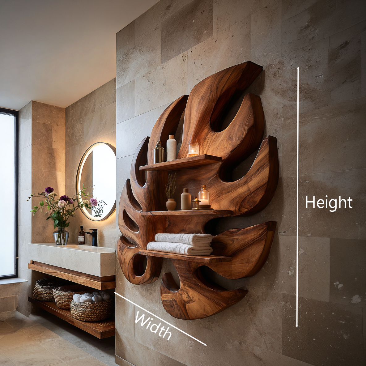 Contemporary Wooden Leaf Bathroom Shelf For Spa Decor