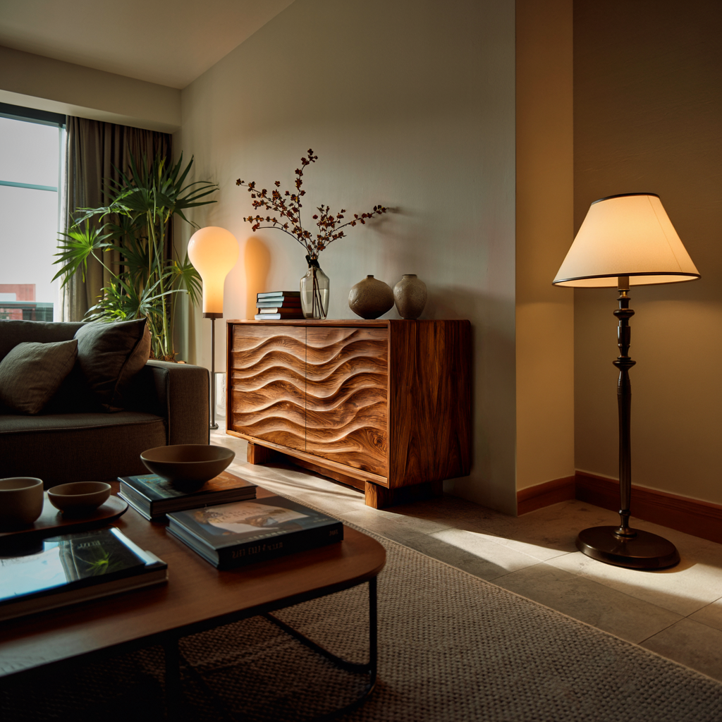 Wooden Sideboard 3D Wave Carving For Kitchen