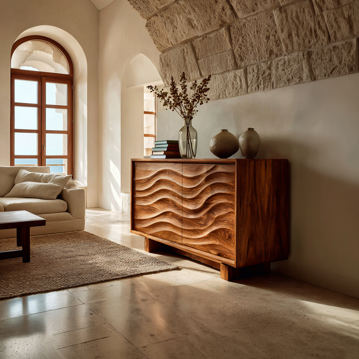 Wooden Sideboard 3D Wave Carving For Kitchen