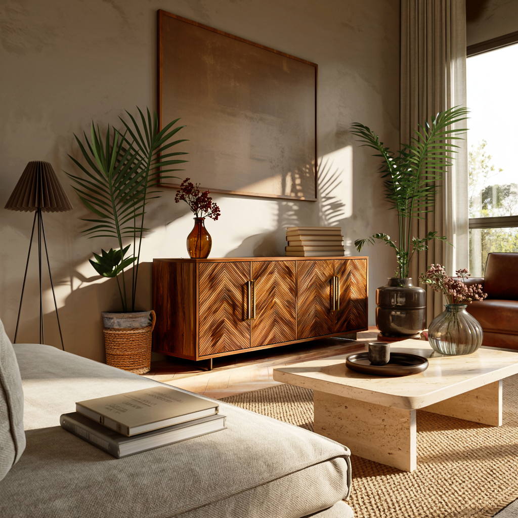 Sculptural Wood Sideboard With Layered Wave For Luxury Home