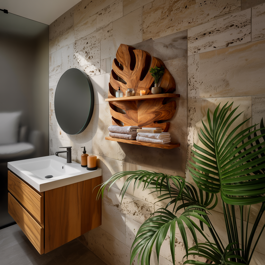 Modern Wood Leaf Wall Bathroom Shelf For Bathroom