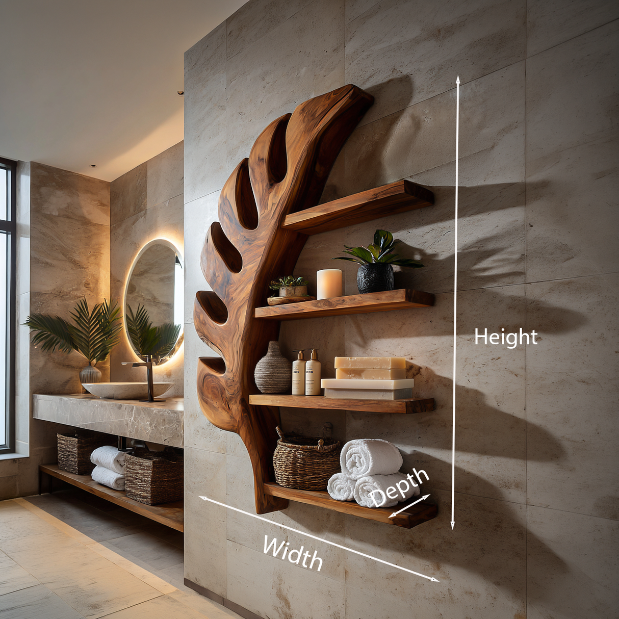 Tropical Wooden Leaf Wall Bathroom Shelf For Bathroom