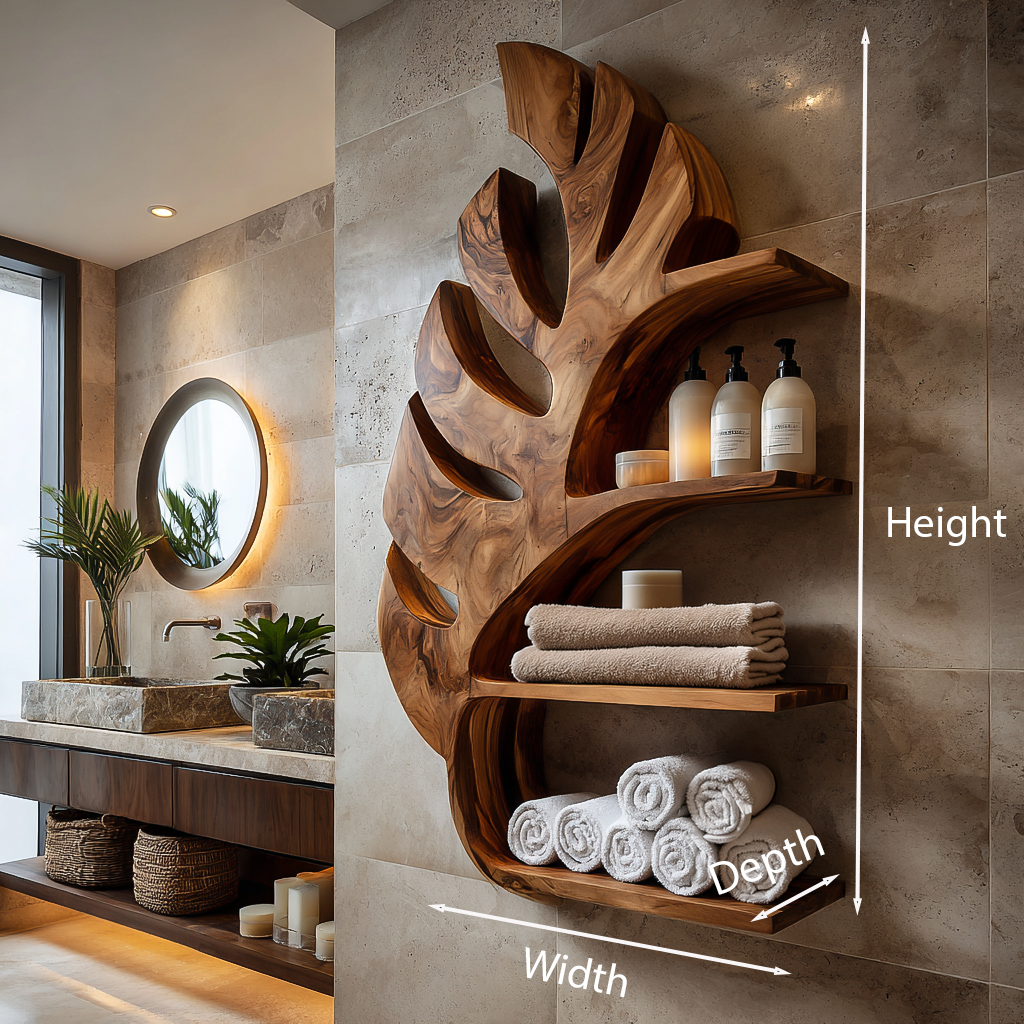 Organic Wooden Leaf Wall Mounted Bathroom Shelf For Spa