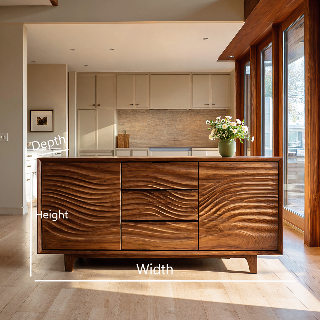 Modern Wood Sideboard With Wave Carving For Minimalist Home