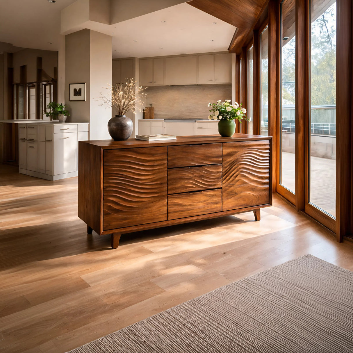 Modern Wood Sideboard With Wave Carving For Minimalist Home