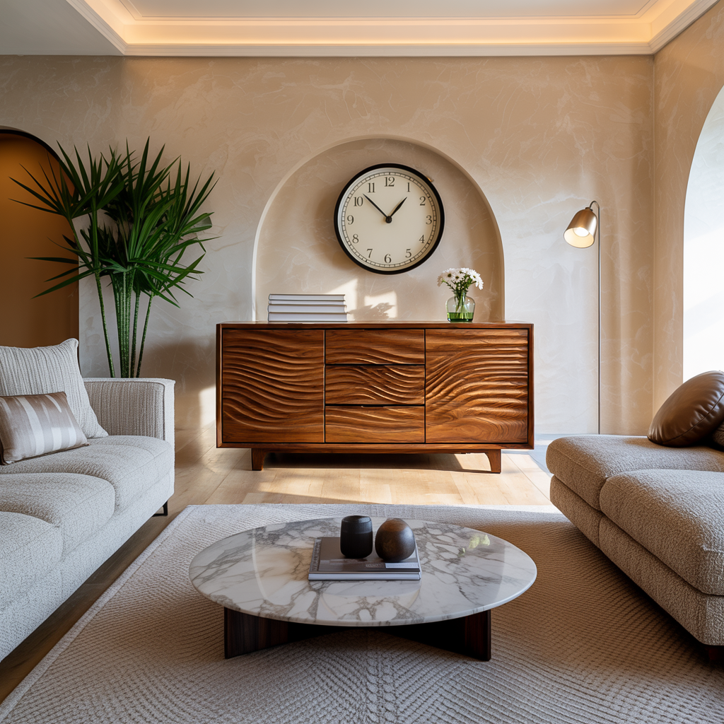 Modern Wood Sideboard With Wave Carving For Minimalist Home