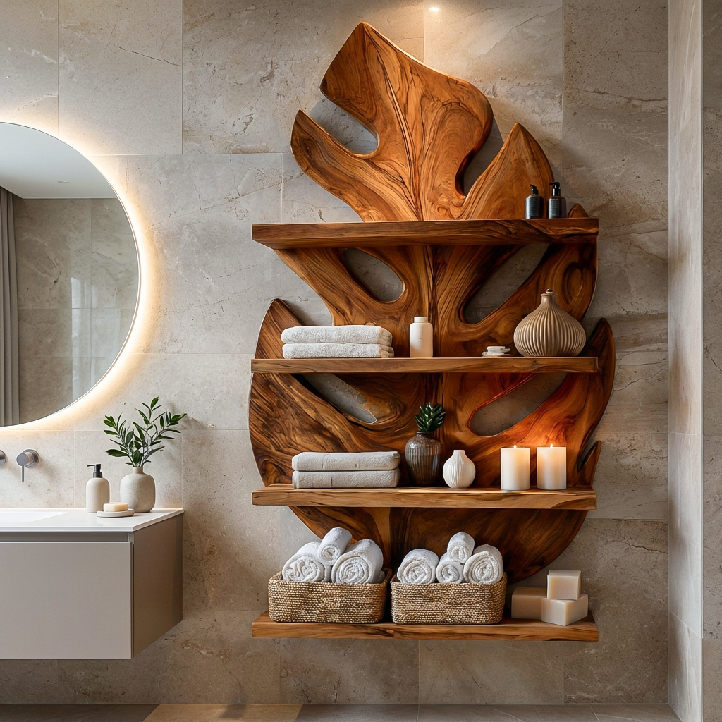 Contemporary Wooden Tropical Leaf Wall Shelf For Spa Decor
