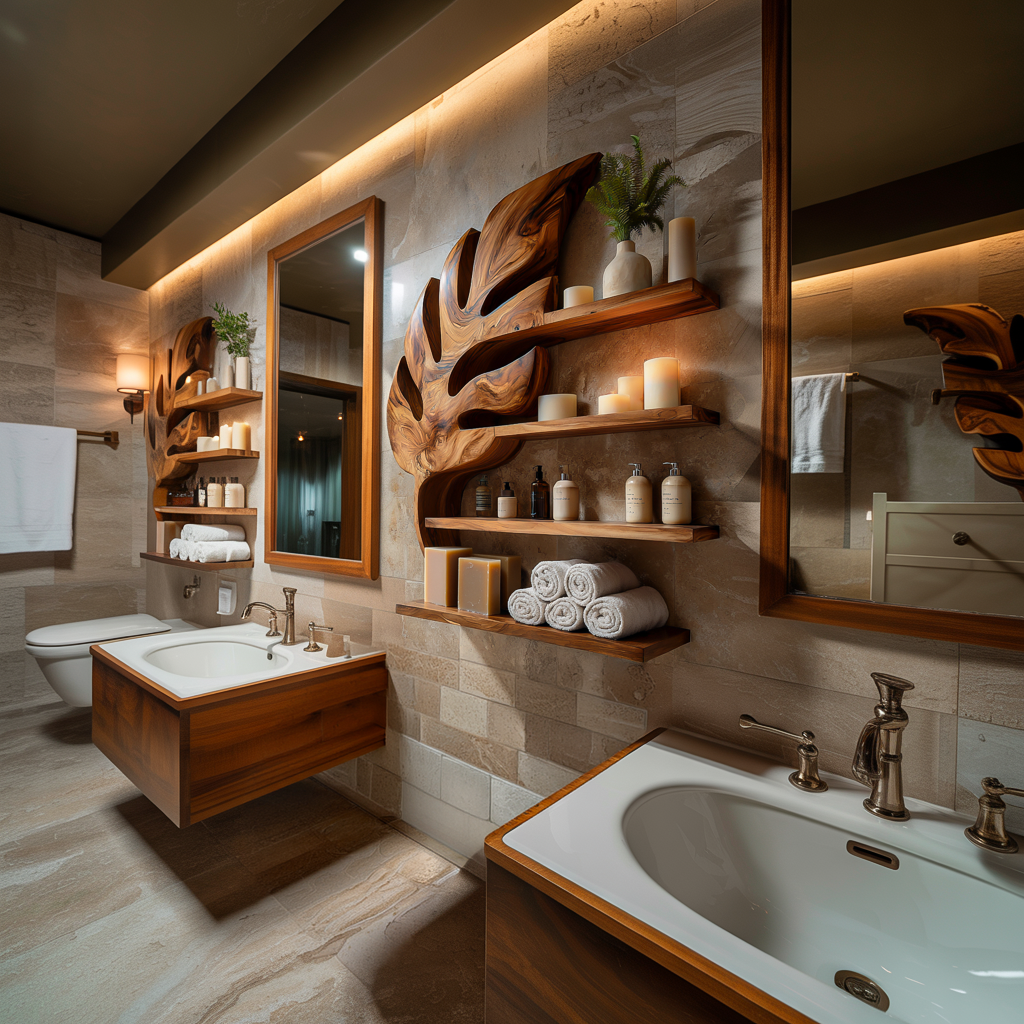 Modern Wooden Leaf Bathroom Shelf For Bathroom Interior