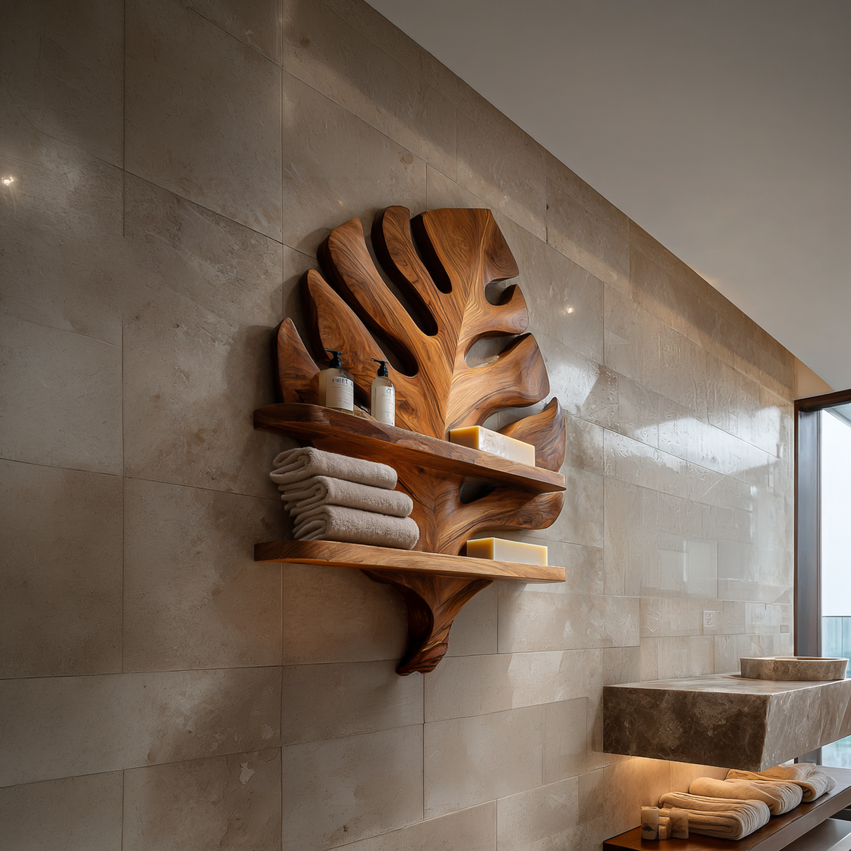Organic Wooden Leaf Wall Shelf For Bathroom Spa Decor