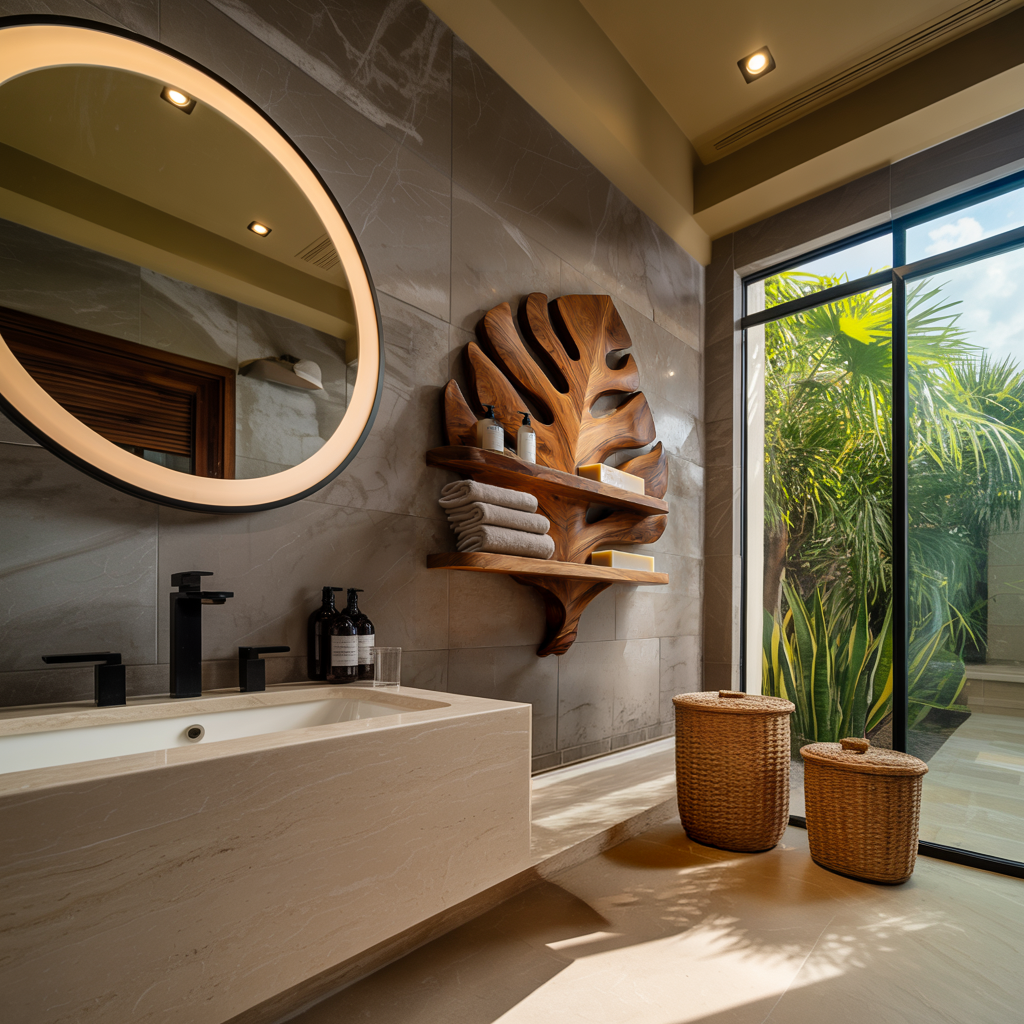 Organic Wooden Leaf Wall Shelf For Bathroom Spa Decor
