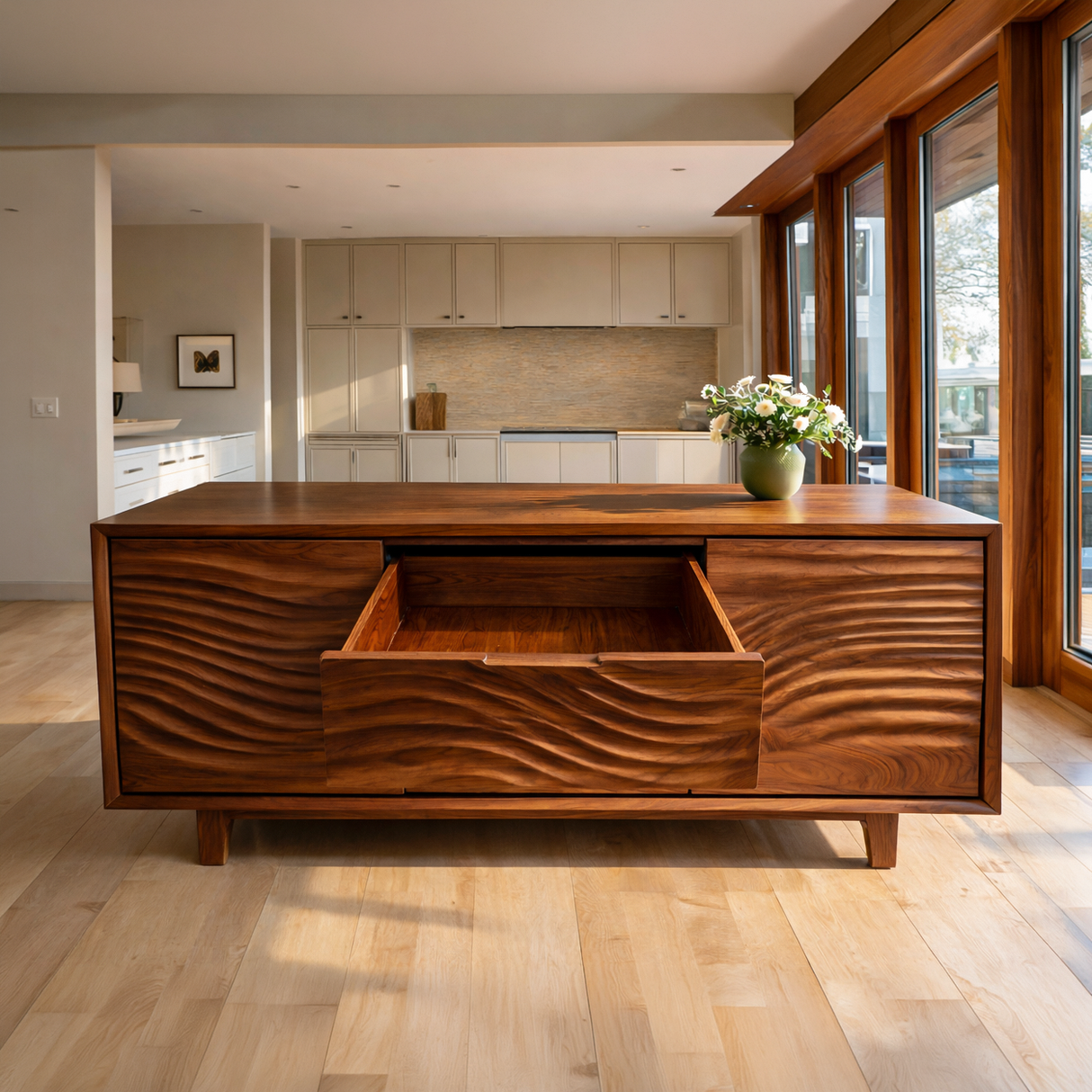 Modern Wood Sideboard With Wave Carving For Minimalist Home