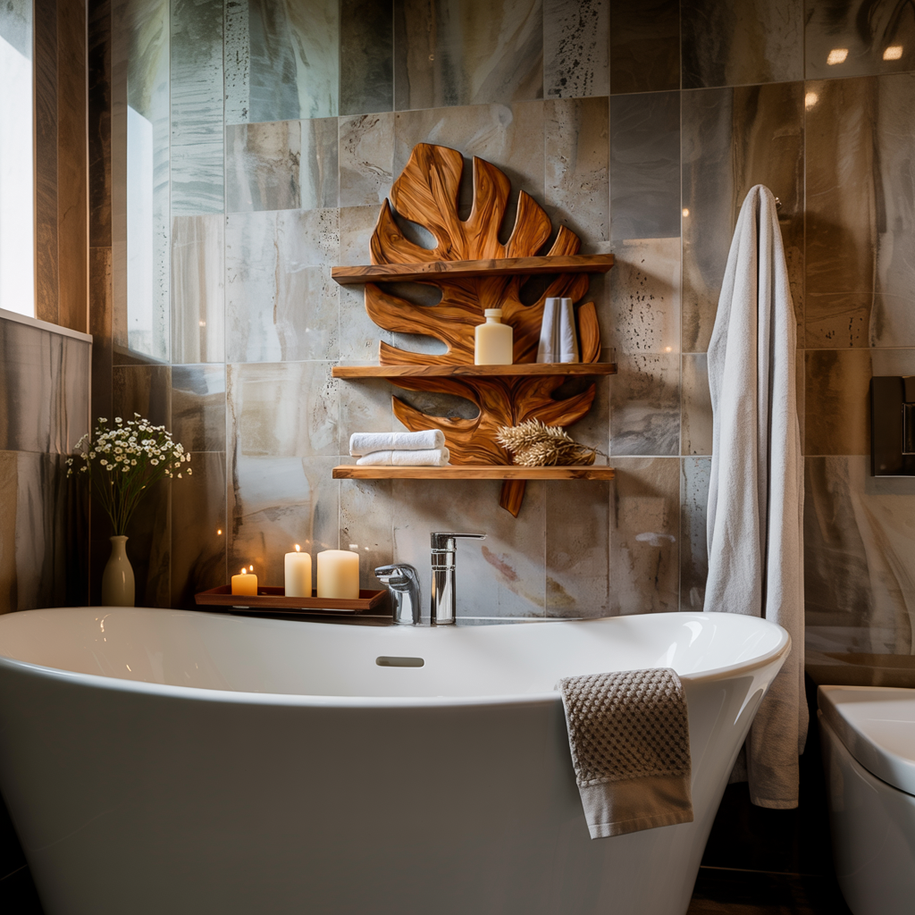 Sculpted Wooden Leaf Bathroom Shelf For Elegant Bathroom
