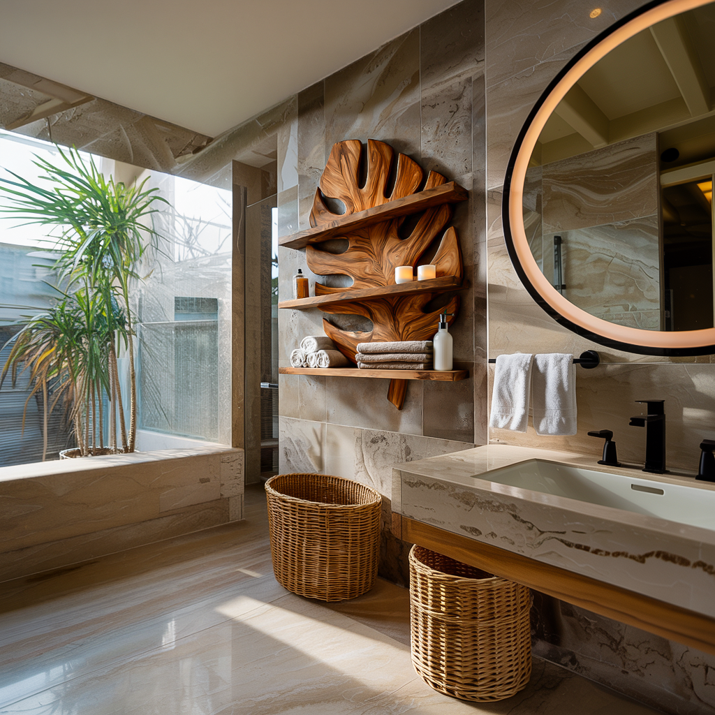 Sculpted Wooden Leaf Bathroom Shelf For Elegant Bathroom