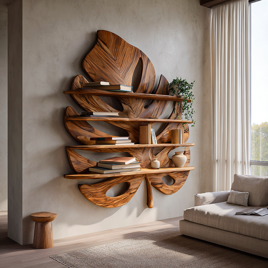 Artistic Wooden Tropical Leaf Wall Mounted Bookshelf For Home Decor