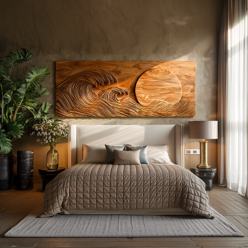 Modern Wood Wave And Sun Wall Art For Living Space