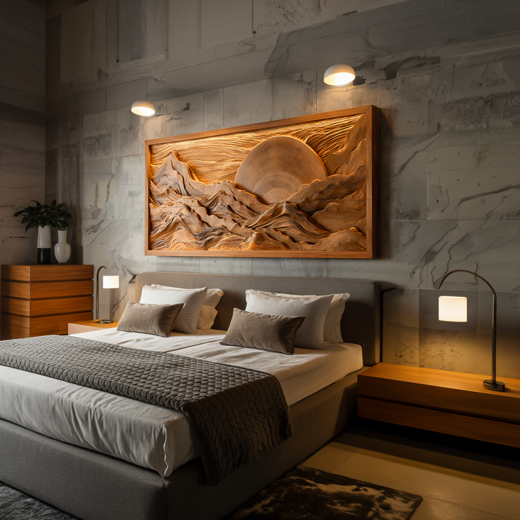 Modern Wood Mountain Sunset Wall Art For Living Room