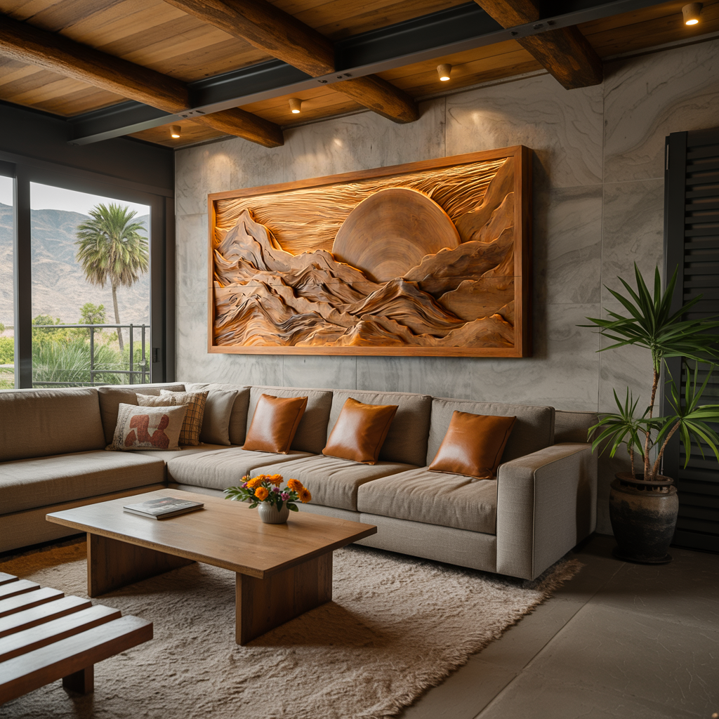 Modern Wood Mountain Sunset Wall Art For Living Room