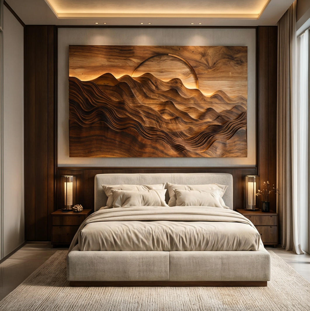 Hand Carved Wooden Mountain Landscape Wall Art for Bedroom